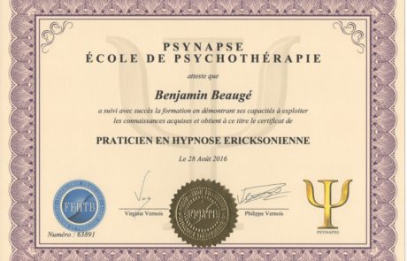 Diplôme Praticien en Hypnose Ericksonienne de Benjamin Beaugé Hypnothérapeute