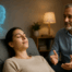 Séance d'hypnose avec un thérapeute humain et une présence numérique symbolisant l’intelligence artificielle