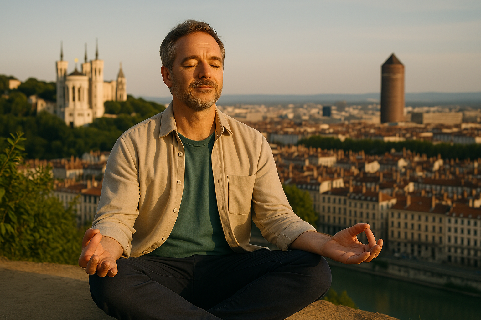 Homme qui médite en hypnose avec Lyon en arrière plan