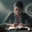 Une jeune femme concentrée lit un livre, prend des notes et apprend, dans une atmosphère calme et tamisée.