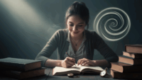 Une jeune femme concentrée lit un livre, prend des notes et apprend, dans une atmosphère calme et tamisée.