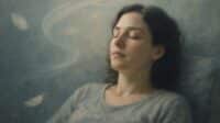 Femme détendue en séance d'hypnose, yeux fermés, dans une ambiance douce - illustration poétique de l'apaisement de la douleur fibromyalgique