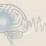 Illustration minimaliste d’un cerveau stylisé avec une spirale bleutée évoquant la modulation hypnotique et des ondes irrégulières symbolisant les troubles moteurs de Parkinson.
