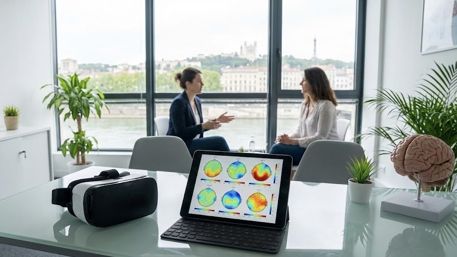 Cabinet d'hypnothérapie à Lyon équipé de technologies de neurosciences : casque de réalité virtuelle et cartographie cérébrale sur tablette.
