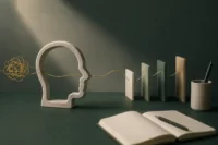 Illustration minimaliste représentant l’hypnose et l’apprentissage des langues avec silhouette mentale, livres et carnet de notes dans un cabinet d’hypnose à Lyon