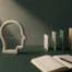 Illustration minimaliste représentant l’hypnose et l’apprentissage des langues avec silhouette mentale, livres et carnet de notes dans un cabinet d’hypnose à Lyon