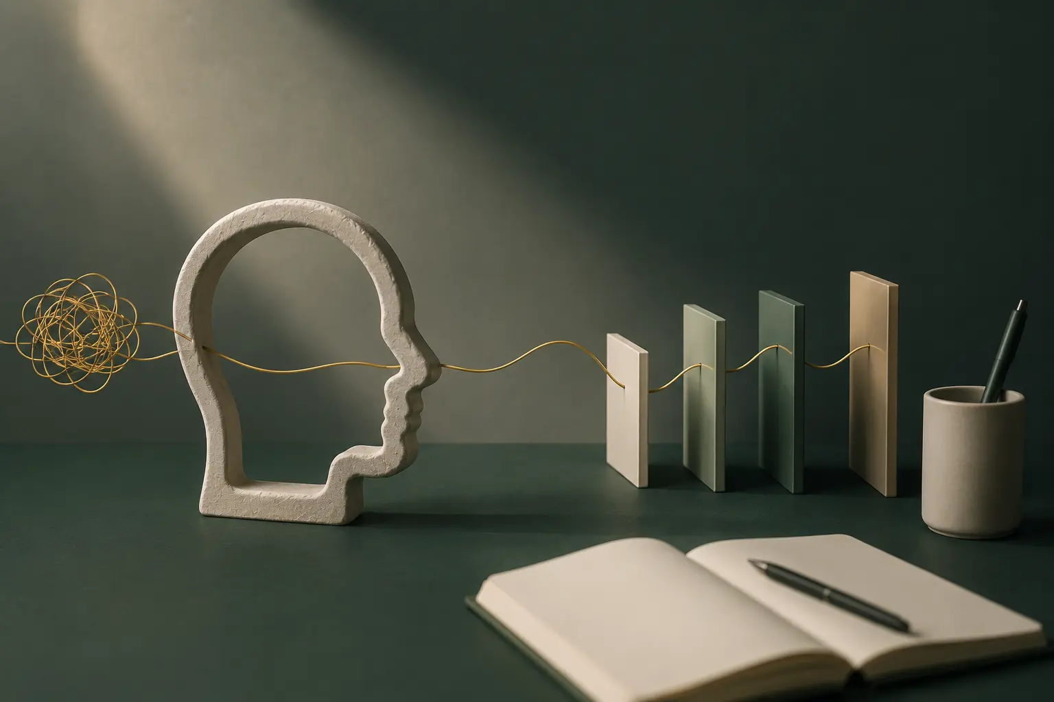 Illustration minimaliste représentant l’hypnose et l’apprentissage des langues avec silhouette mentale, livres et carnet de notes dans un cabinet d’hypnose à Lyon