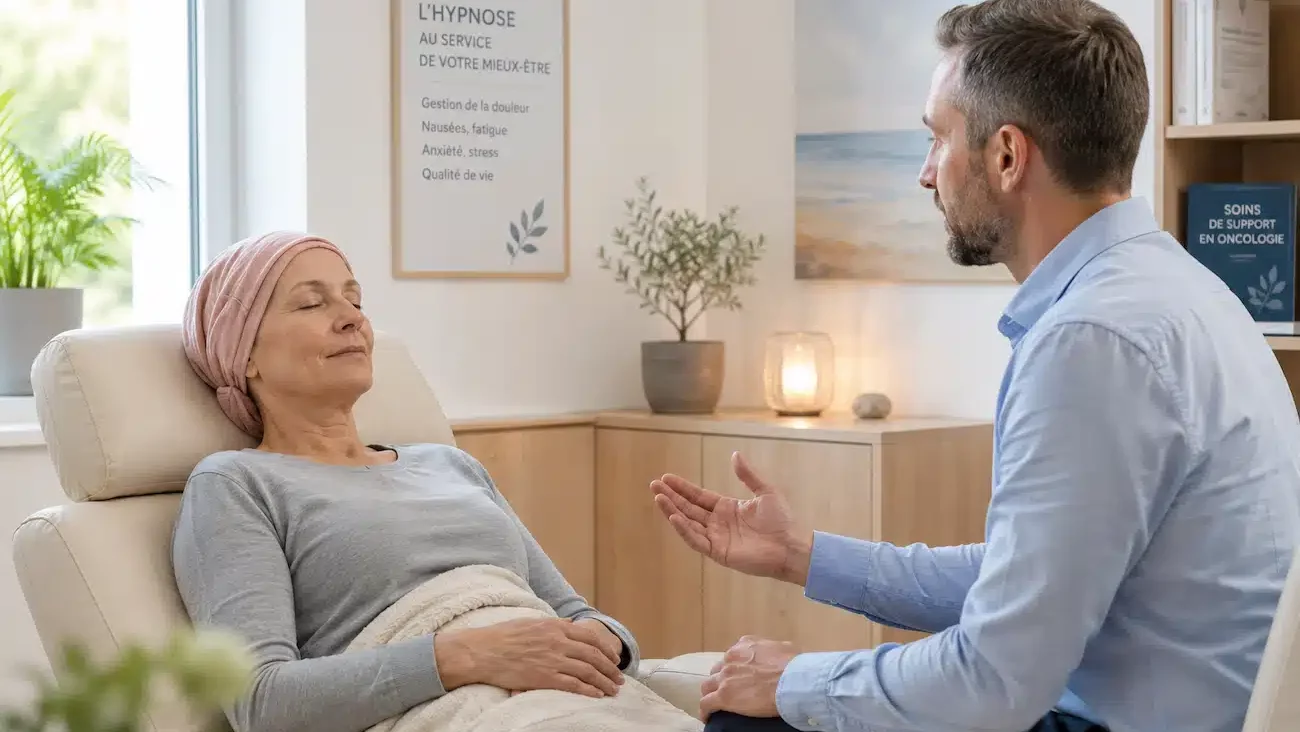 Séance d'hypnose clinique pour l'accompagnement des douleurs en oncologie à Lyon.